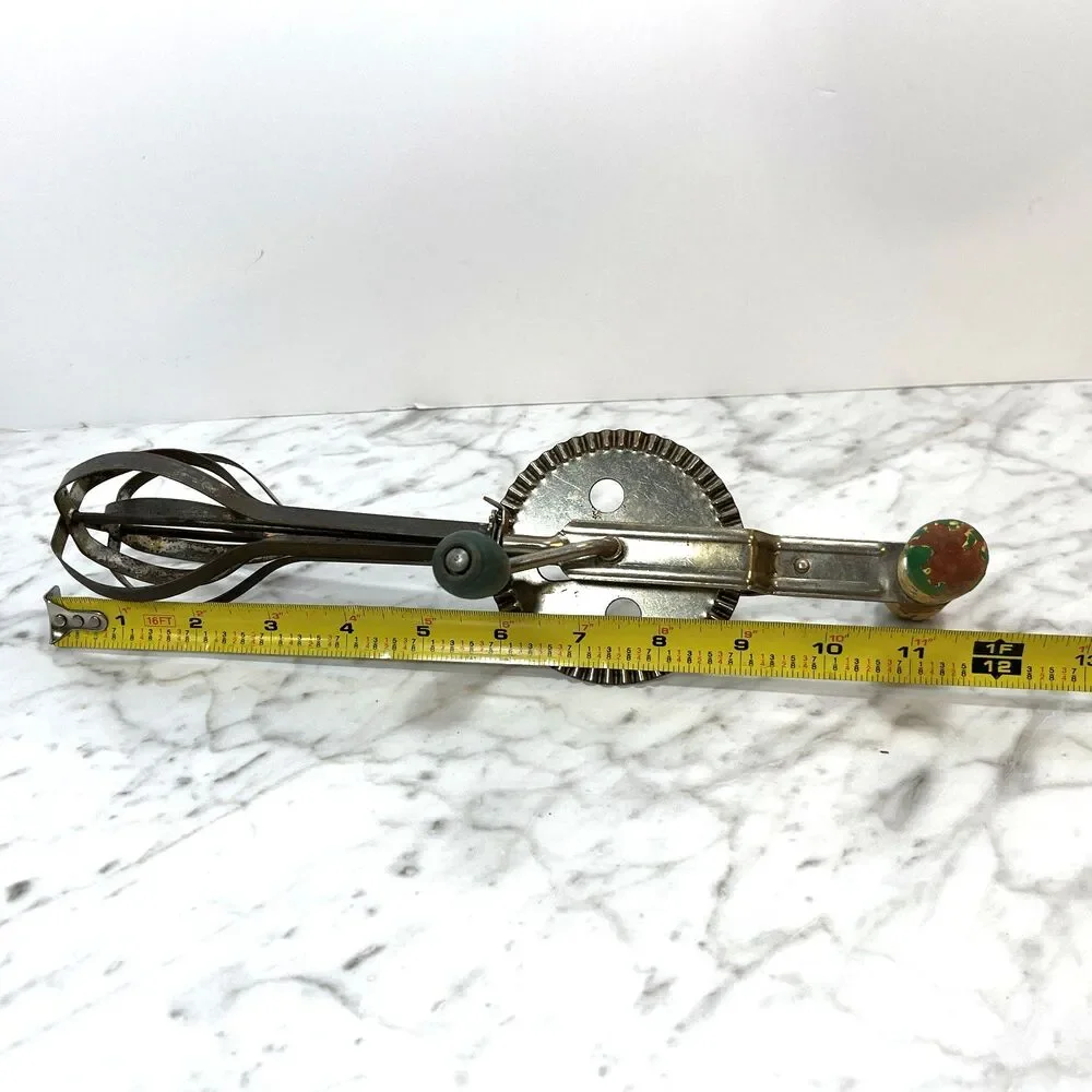 Antique A&J USA High Speed Hand Mixer Egg Beater Vintage Green Wood Handle
